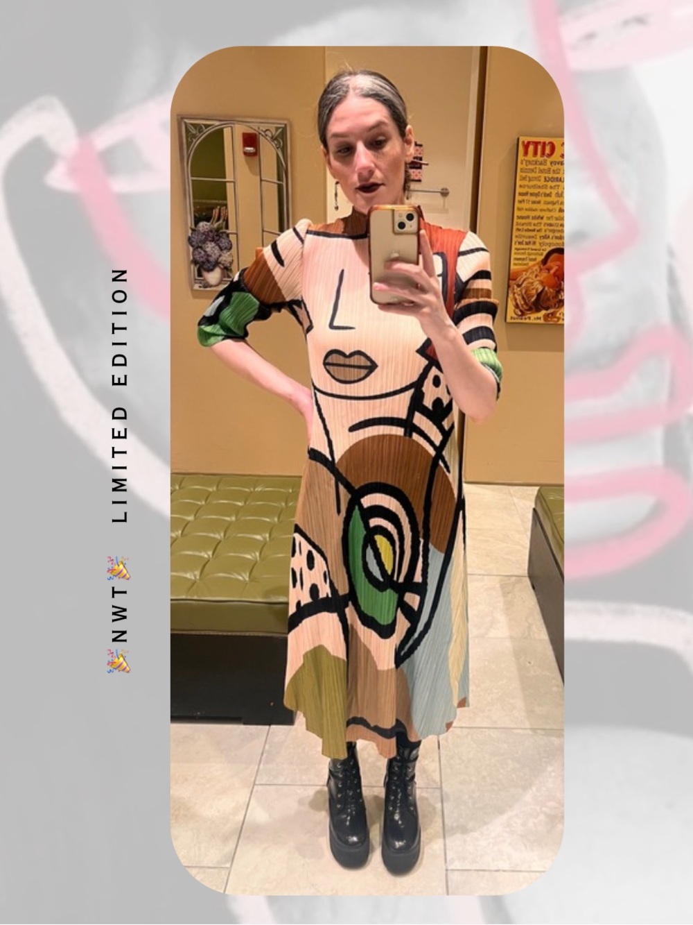 🎉Vanite Couture Picasso Abstract Art Print Long Sleeve Pleated Maxi Dress